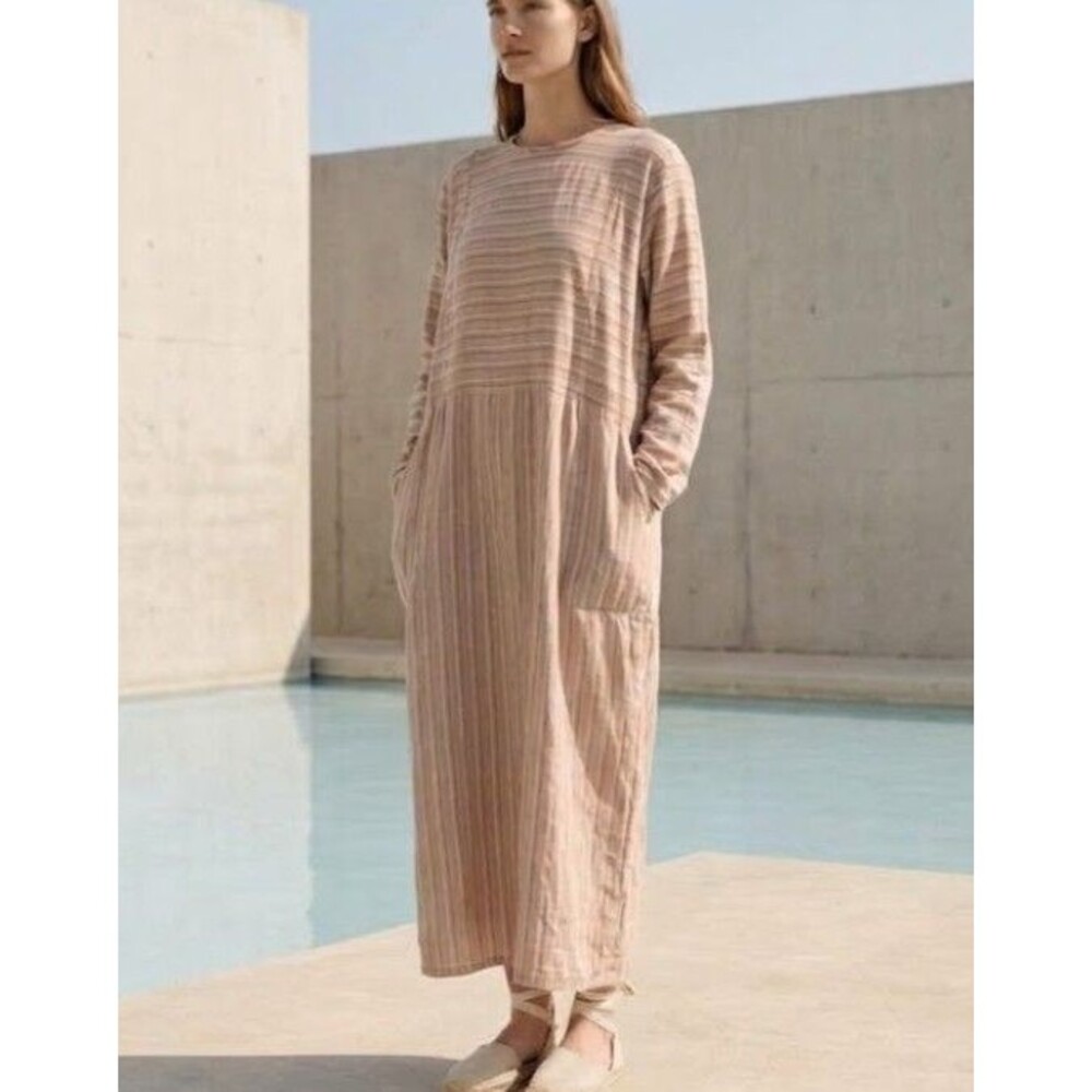 Vintage FLAX by Jeanne Engelhart Size M Maxi Dress 100% Linen Pockets Lagenlook